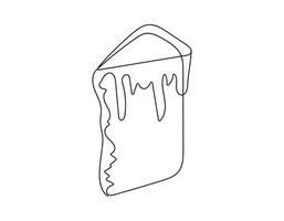 Continuous line drawing of Easter Kulich cake with icing. Slice of cupcake. Black vector illustration isolated on white backdrop. Design element. For print, greeting, coloring book, scrapbooking