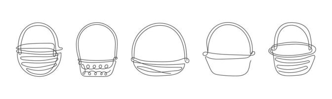 Set of wicker baskets with handle.Continuous line drawing. Vector illustration isolated on white background. Minimalist style. Design elements. Ideal for icon, logo, print, mobile app, coloring book