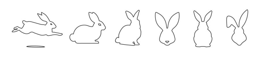 Set of rabbits in outline. Easter bunnies. Isolated on white backdrop. A simple black icons of hares. Cute animals. Ideal for logo, emblem, pictogram, print, design element for greeting vector