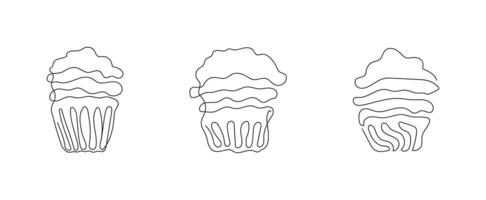 Set of cupcakes in style of continuous one line drawing. Simple line art of muffins with wavy frosting. Black and white vector. Design elements for greeting, postcard, print, scrapbooking vector