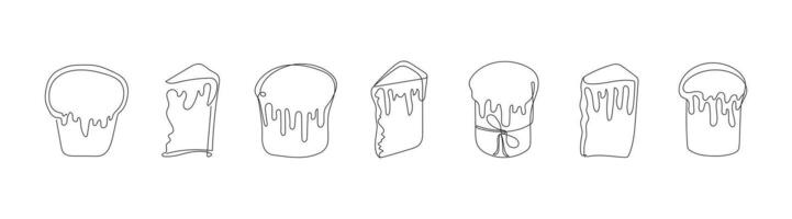 Set of Easter Kulich cakes with icing. Continuous one line drawing. Traditional Ukrainian Easter cupcakes. Vector illustration isolated on white. Design element for print, greeting, scrapbooking