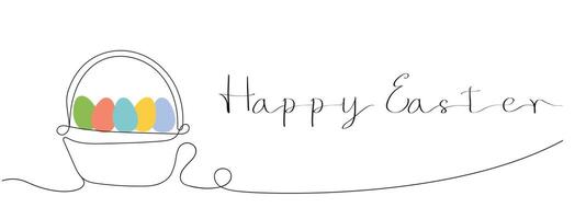 Wicker basket with colorful Easter eggs and Happy Easter greeting. Continuous one line drawing. Isolated on white background. Minimalist style. Greeting cards, holiday banner. vector