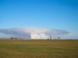 A pillar of smoke from burning rice straw on the field. photo