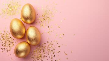 AI generated Easter golden eggs on pastel pink background. Holiday concept. Happy Easter card with copy space photo
