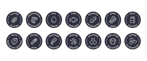 Isolated Vector Logo Set Badge Ingredient Warning Label. Allergens icons. Food Intolerance. The 14 allergens required to declare written in Spanish and English