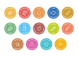 Isolated Vector Logo Set Badge Ingredient Warning Label. Colorful Allergens icons. Food Intolerance. The 14 allergens required to declare written in Spanish and English