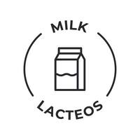 sencillo aislado vector logo Insignia ingrediente advertencia etiqueta. Alérgenos iconos comida intolerancia leche. escrito en Español y Inglés