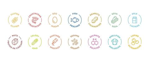 Isolated Vector Logo Set Badge Ingredient Warning Label. Colorful Allergens icons. Food Intolerance. The 14 allergens required to declare written in Spanish and English