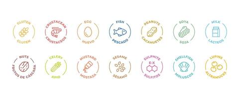 Isolated Vector Logo Set Badge Ingredient Warning Label. Colorful Allergens icons. Food Intolerance. The 14 allergens required to declare written in Spanish and English