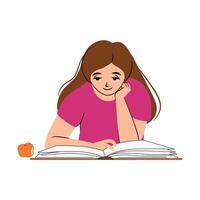 Happy introverted girl reading a big book vector