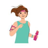 Happy girl running with water and smartphone vector