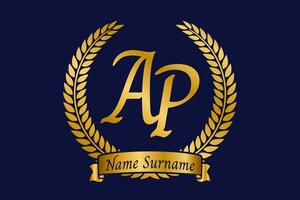 Initial letter A and P, AP monogram logo design with laurel wreath. Luxury golden calligraphy font. vector