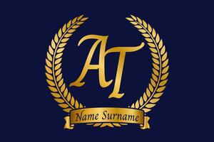 Initial letter A and T, AT monogram logo design with laurel wreath. Luxury golden calligraphy font. vector