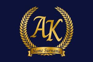 Initial letter A and K, AK monogram logo design with laurel wreath. Luxury golden calligraphy font. vector