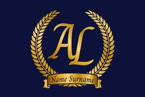 Initial letter A and L, AL monogram logo design with laurel wreath. Luxury golden calligraphy font. vector