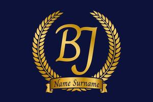 Initial letter B and J, BJ monogram logo design with laurel wreath. Luxury golden calligraphy font. vector