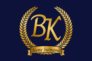 Initial letter B and K, BK monogram logo design with laurel wreath. Luxury golden calligraphy font. vector