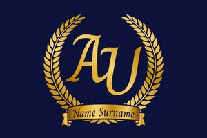 Initial letter A and U, AU monogram logo design with laurel wreath. Luxury golden calligraphy font. vector