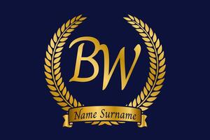 Initial letter B and W, BW monogram logo design with laurel wreath. Luxury golden calligraphy font. vector