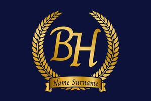 Initial letter B and H, BH monogram logo design with laurel wreath. Luxury golden calligraphy font. vector