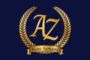 Initial letter A and Z, AZ monogram logo design with laurel wreath. Luxury golden calligraphy font. vector