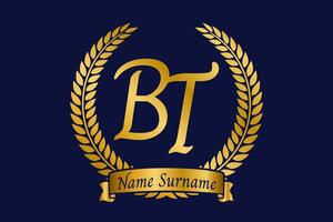 Initial letter B and T, BT monogram logo design with laurel wreath. Luxury golden calligraphy font. vector