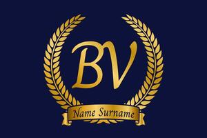 Initial letter B and V, BV monogram logo design with laurel wreath. Luxury golden calligraphy font. vector