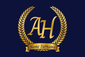 Initial letter A and H, AH monogram logo design with laurel wreath. Luxury golden calligraphy font. vector