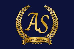 Initial letter A and S, AS monogram logo design with laurel wreath. Luxury golden calligraphy font. vector