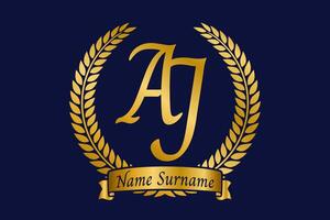 Initial letter A and J, AJ monogram logo design with laurel wreath. Luxury golden calligraphy font. vector