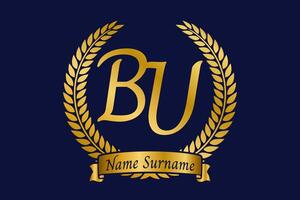 Initial letter B and U, BU monogram logo design with laurel wreath. Luxury golden calligraphy font. vector