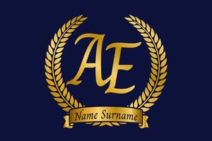 Initial letter A and E, AE monogram logo design with laurel wreath. Luxury golden calligraphy font. vector