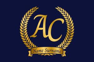 Initial letter A and C, AC monogram logo design with laurel wreath. Luxury golden calligraphy font. vector