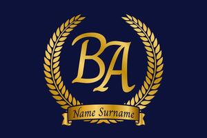 Initial letter B and A, BA monogram logo design with laurel wreath. Luxury golden calligraphy font. vector