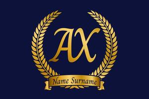 Initial letter A and X, AX monogram logo design with laurel wreath. Luxury golden calligraphy font. vector