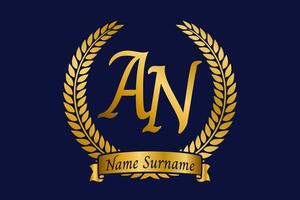 Initial letter A and N, AN monogram logo design with laurel wreath. Luxury golden calligraphy font. vector