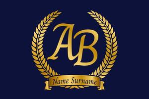 Initial letter A and B, AB monogram logo design with laurel wreath. Luxury golden calligraphy font. vector