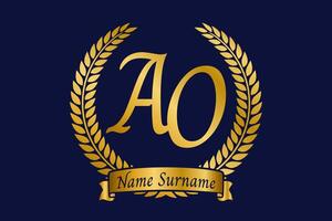 Initial letter A and O, AO monogram logo design with laurel wreath. Luxury golden calligraphy font. vector