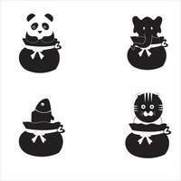 icon set of animals with cute basket, black stickers, animal characters. vector illustration