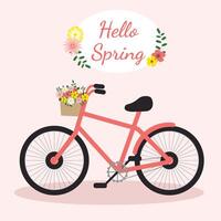 Hello spring card. Postcard cute bicycle and flowers on pink background. Vector illustration