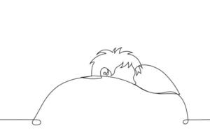 person in bed with blanket pulled up high - one line drawing vector. concept sleep late, sleepyhead vector