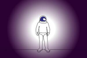 astronaut in a spacesuit alone stands in the dark - one line drawing vector. concept of loneliness of human civilization in space, astronaut day, cosmonautics day vector