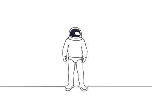 lone astronaut stands in a spacesuit with a closed helmet - one line drawing vector. cosmonautics day concept, cosmonauts clothes vector