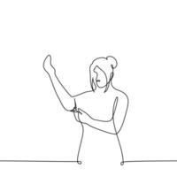 woman rolls up the sleeves of her sweater - one line drawing vector. concept toil or manual work vector