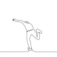 man stands on one leg he stumbled and balances or falls waving his arms - one line drawing vector. concept of fall, stumble, balance vector