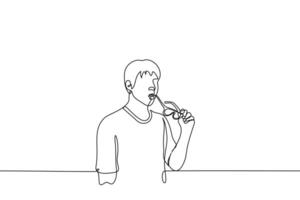 man standing biting frame of his glasses - one line drawing vector. man surprised, fascinated or thoughtful vector