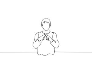 man stands with his index fingers crossed - one line drawing vector. the concept of a ban, a call to stop, a sign of disagreement and non reconciliation vector