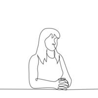 mujer se sienta con un Derecho espalda a el mesa con su manos doblada, ella escucha atentamente o observa - uno línea dibujo vector. concepto atento oyente o espectador, obediente estudiante vector