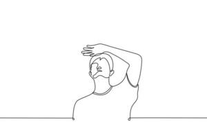 man stands looking up and covering his eyes with his palm - one line drawing of a vector. concept of looking at a lamp or the sun, at something bright and blinding vector