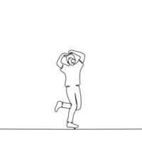 man shows the heart with his hands above his head raising his leg playfully - one line drawing vector. concept korean gesture of love, saranhae - which means i love you vector